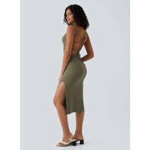 Olive Green Midi Dress With Side Slits & Strappy Open Back Design size small